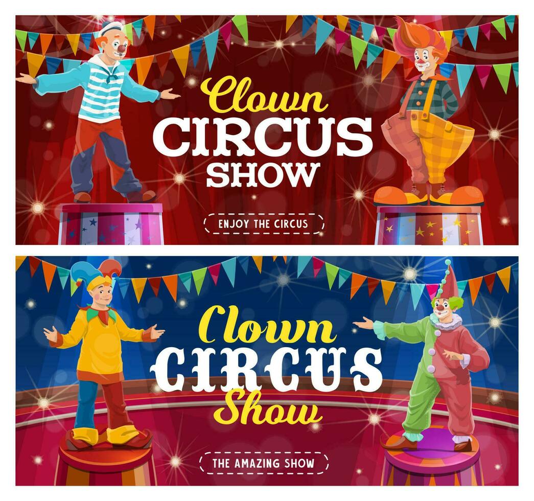 Circus clowns show performers on big top arena vector