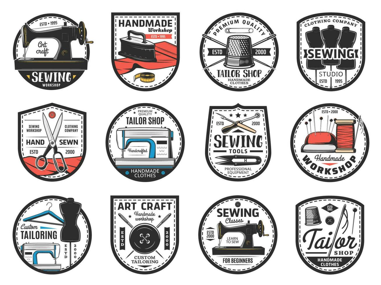 Tailor shop, sewing tools store icons vector