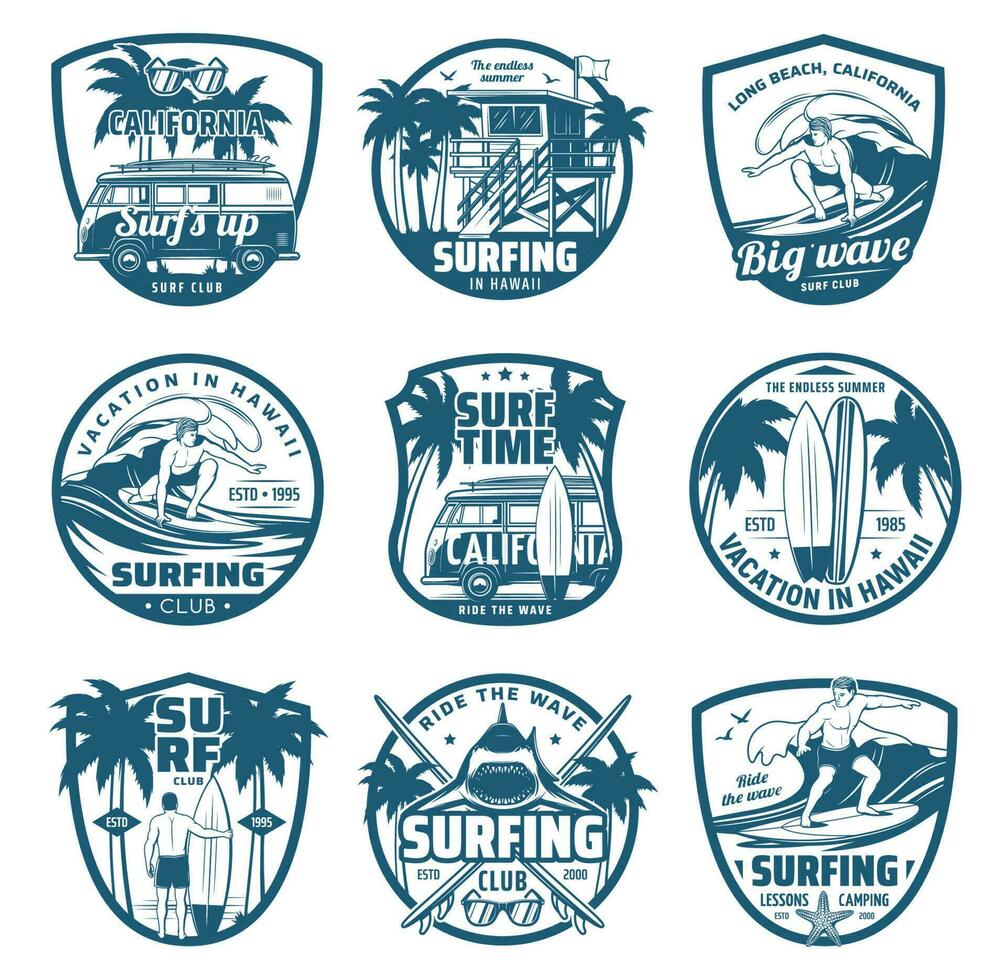 Surfing sport isolated vector icons, surfer club