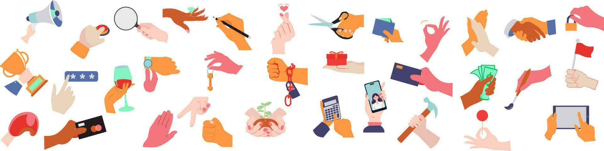 Set of colorful hands holding different objects, lock, key, money, devices, tablet, credit cards, scissors, calculator, pencil,  paintbrush, Colored flat graphic vector illustration isolated on white