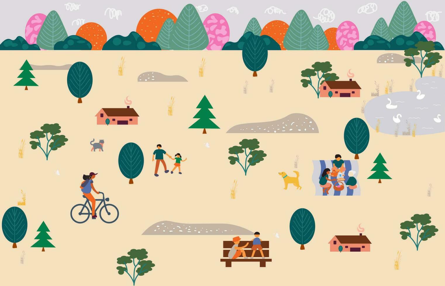 People in the park. Vector illustration of people having a rest on a picnic in nature. Drawing by illustrator hand active family weekend in the forest by the lake with a barbecue, walks.Top view