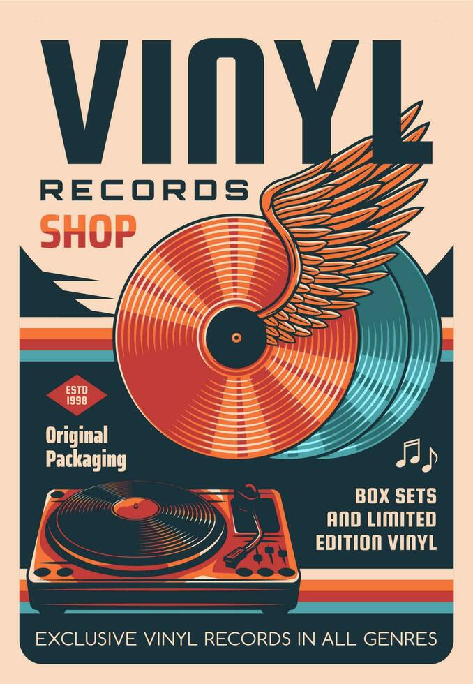 Vinyl records shop or store vector retro poster