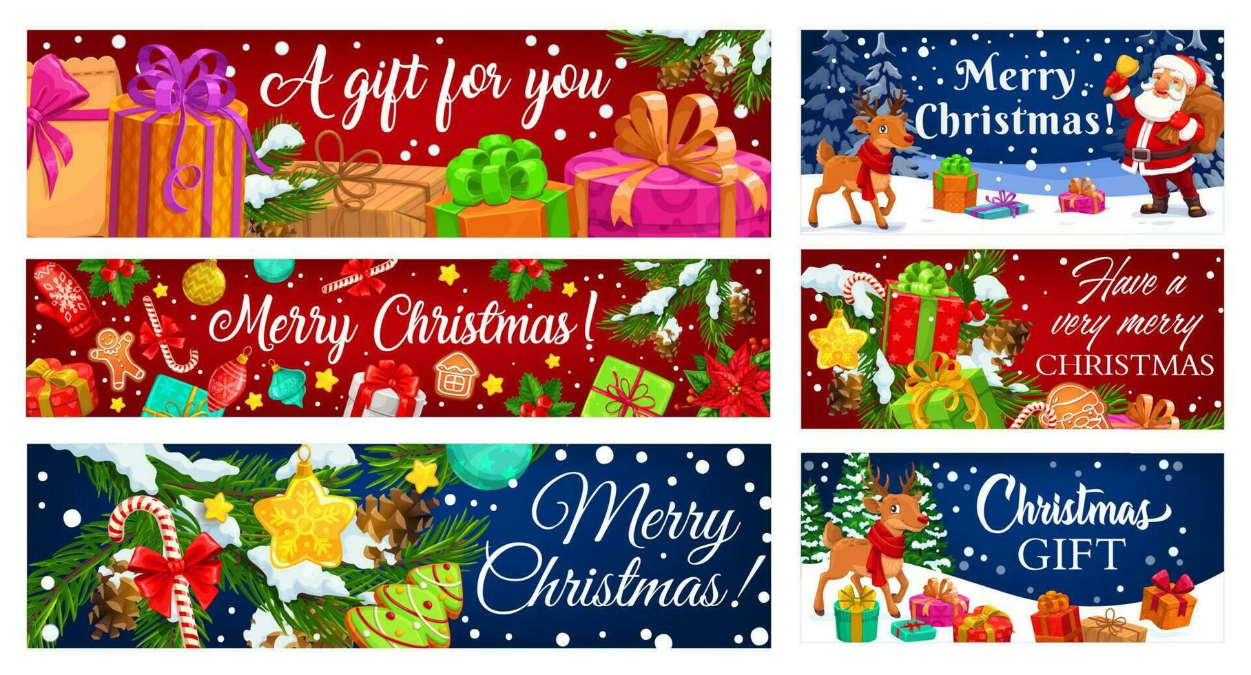 Papa Noel, Navidad reno con Navidad regalo pancartas vector