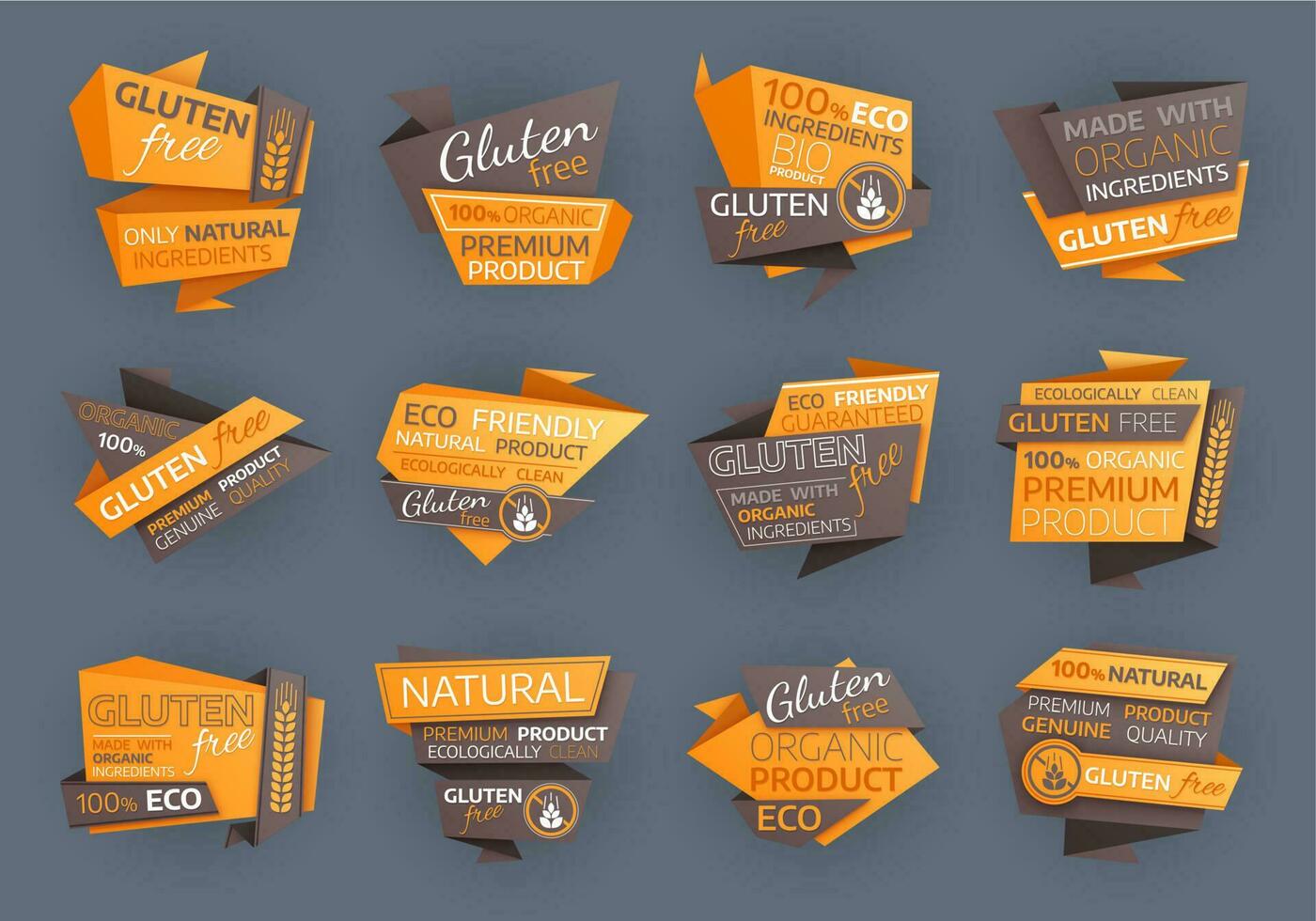 Gluten free food labels, organic natural product vector