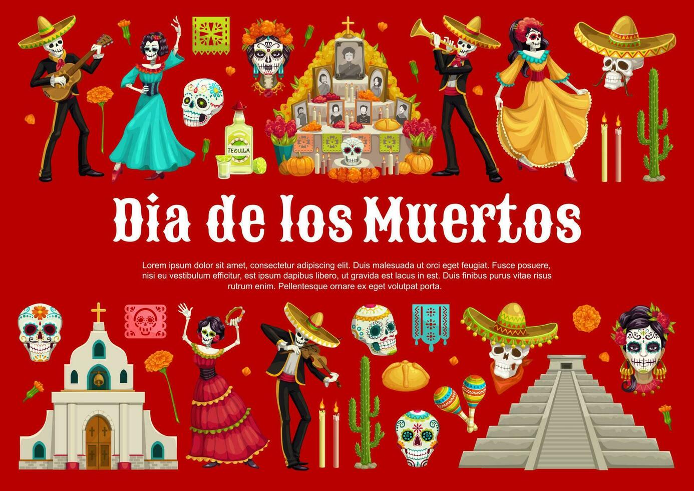 Day of Dead skeletones, guitars, sombreros, altars vector