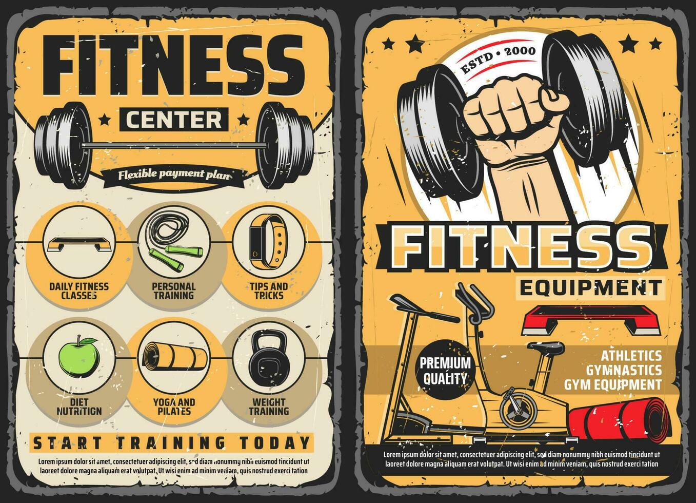 Fitness center, gym equipment retro vector posters