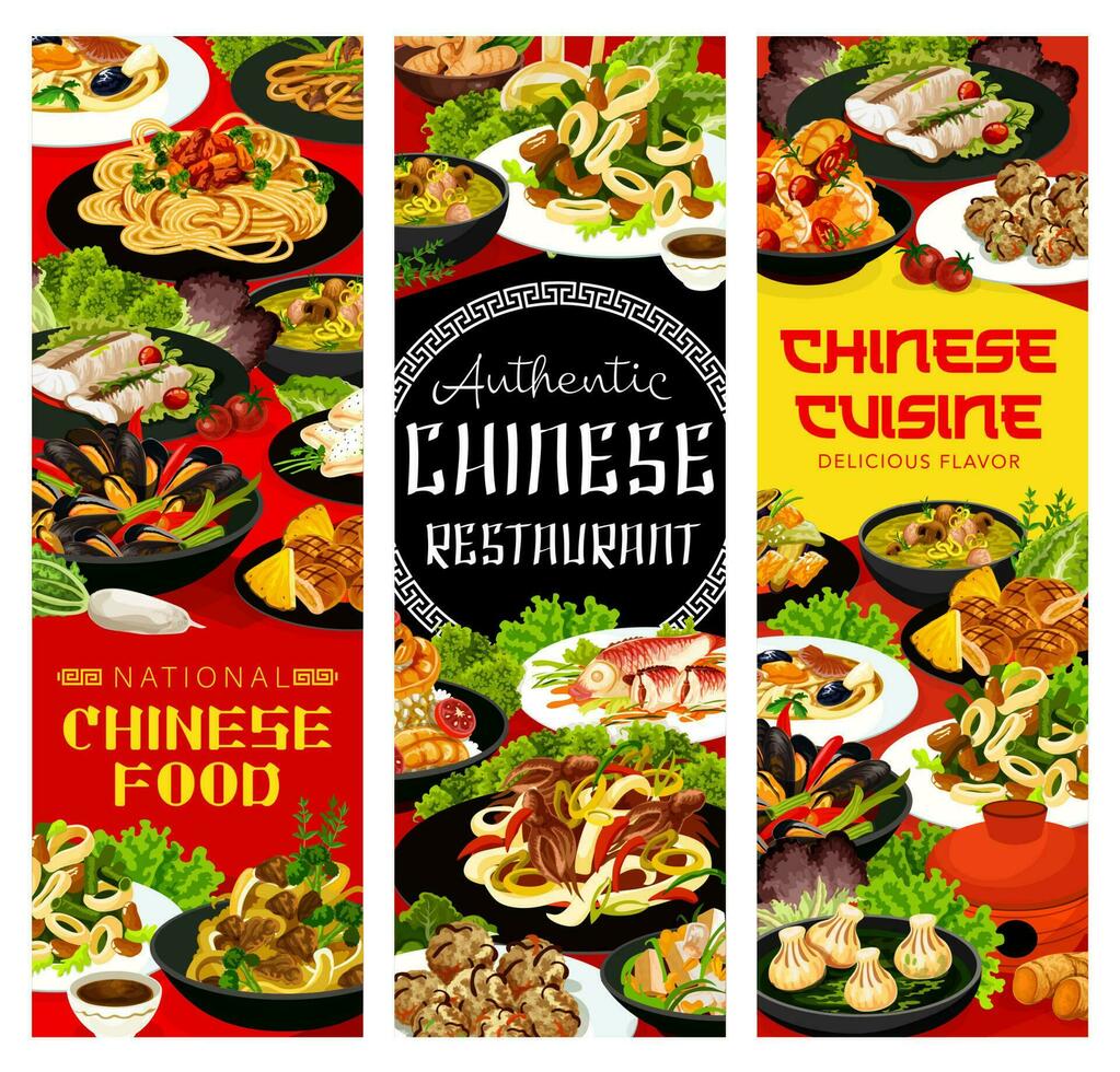 China platos chino cocina dibujos animados pancartas conjunto vector