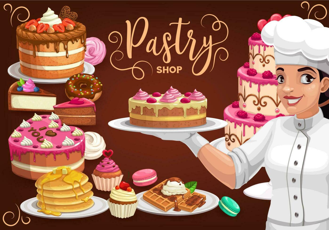 Pastry shop, patisserie bakery vector poster.