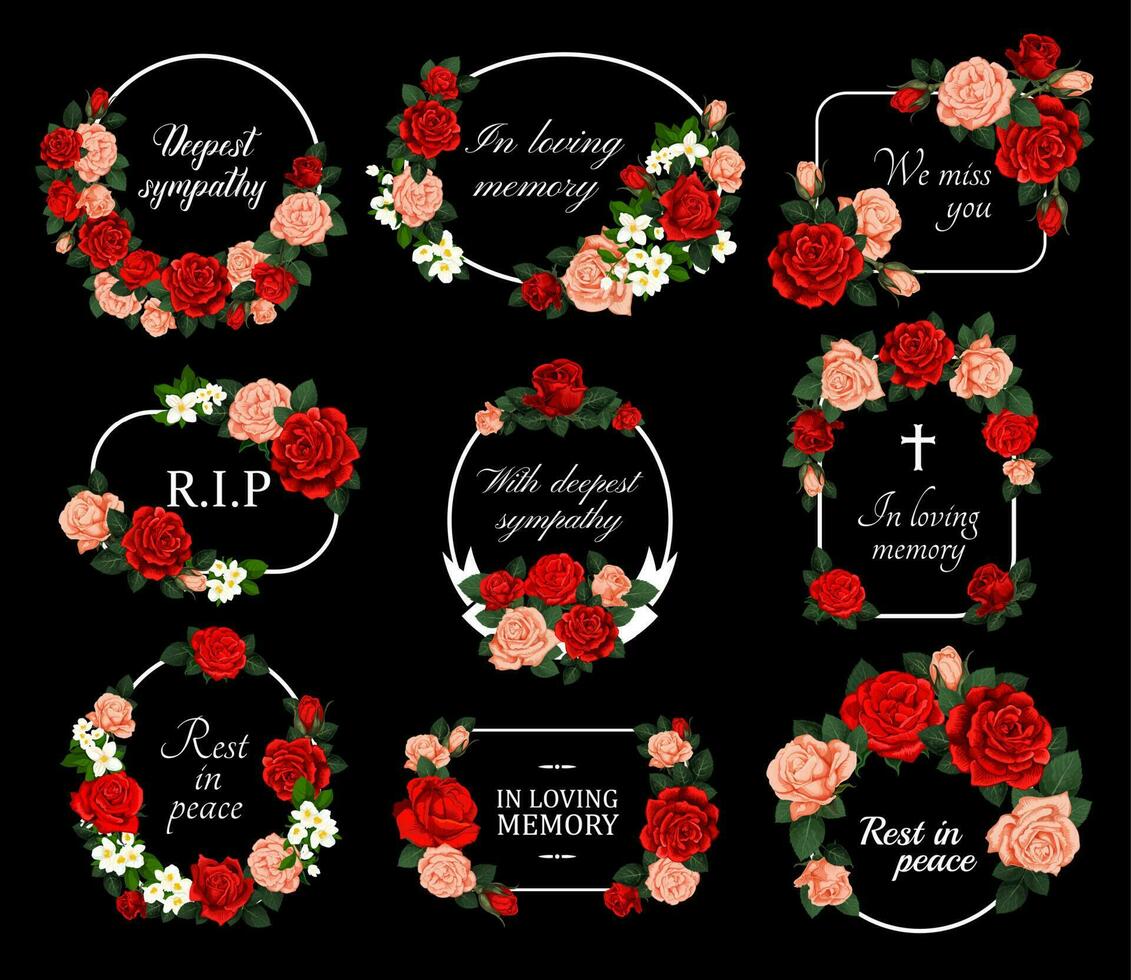 Funeral vector cards with rose flower wreaths set