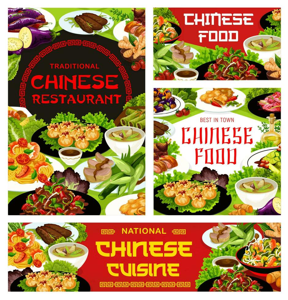 Chinese cuisine restaurant dishes vector banners