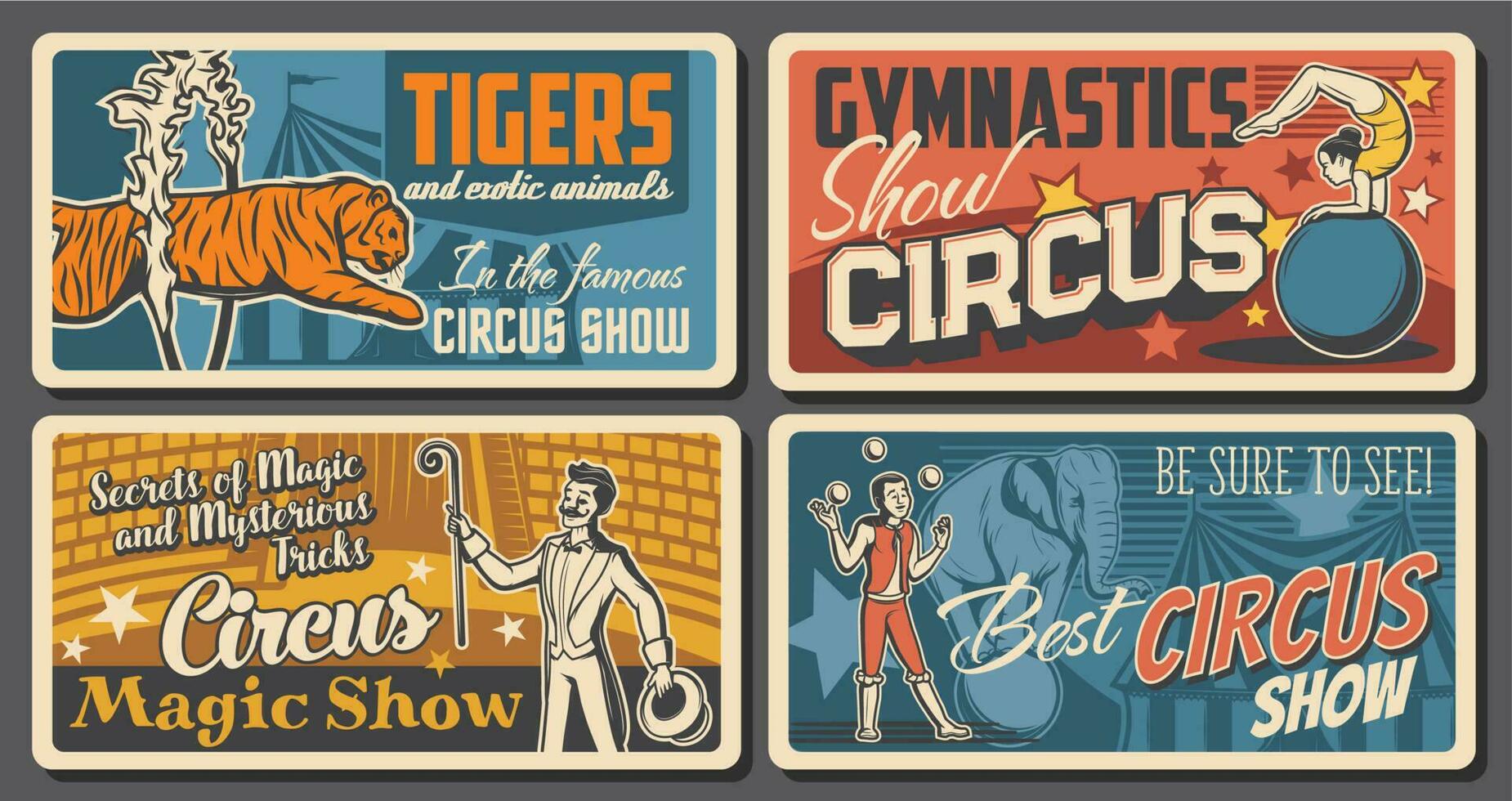circo artistas y intérpretes retro carteles conjunto vector