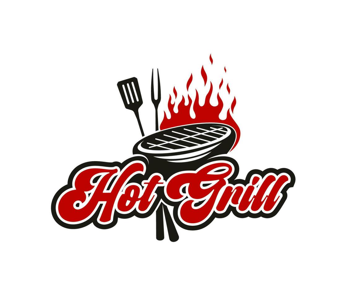 BBQ grill icon, hot fire, fork, spatula on grate vector