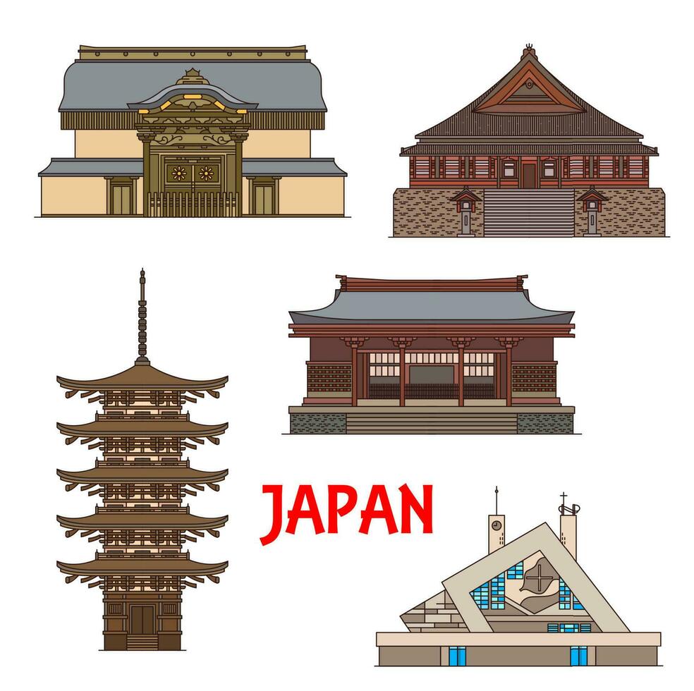 Japan landmarks, temples and pagodas architecture vector