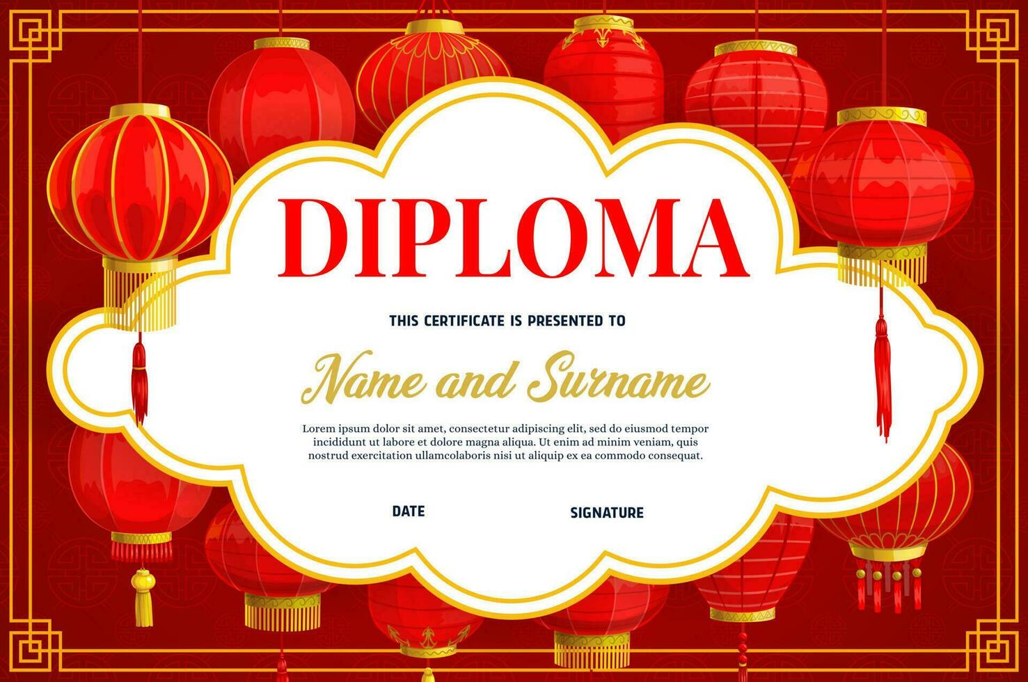 diploma, certificado modelo con chino linterna vector