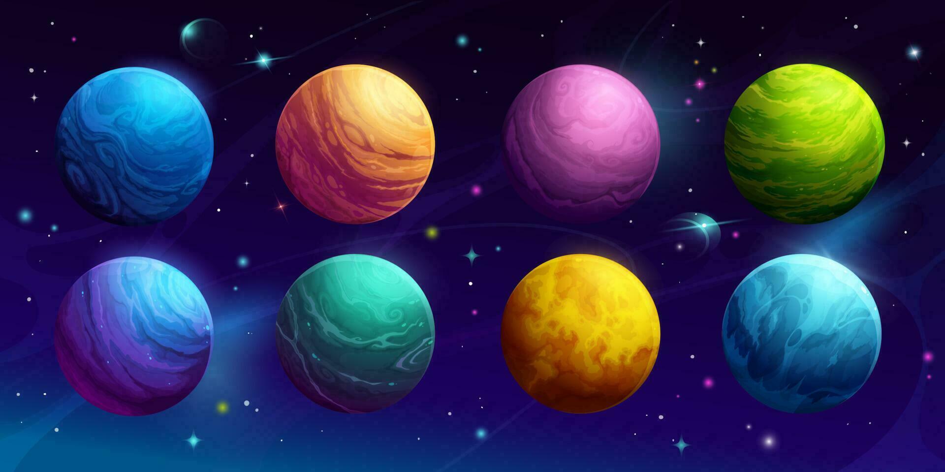 dibujos animados espacio planetas, galaxia cielo fantasía mundo vector