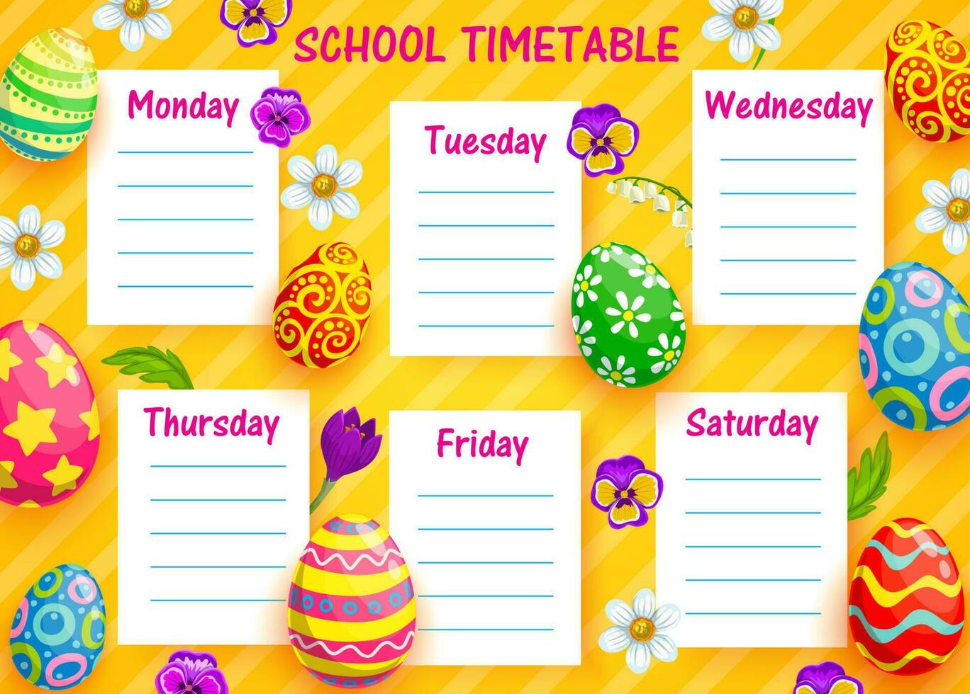 School timetable vector template with Easter eggs