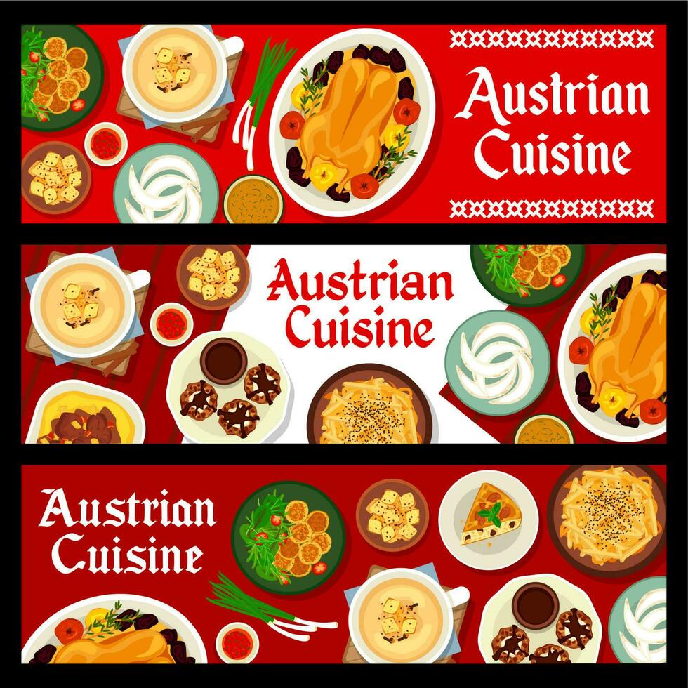 austriaco alimento, Austria cocina dibujos animados pancartas conjunto vector