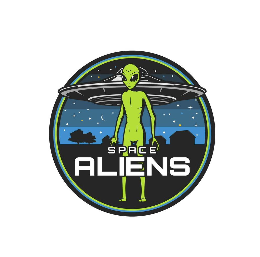 Space aliens with UFO spaceship vector icon