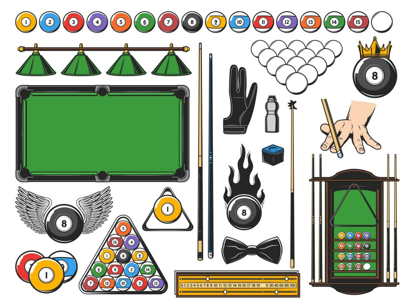 Pool snooker and billiards game equipment icons vector