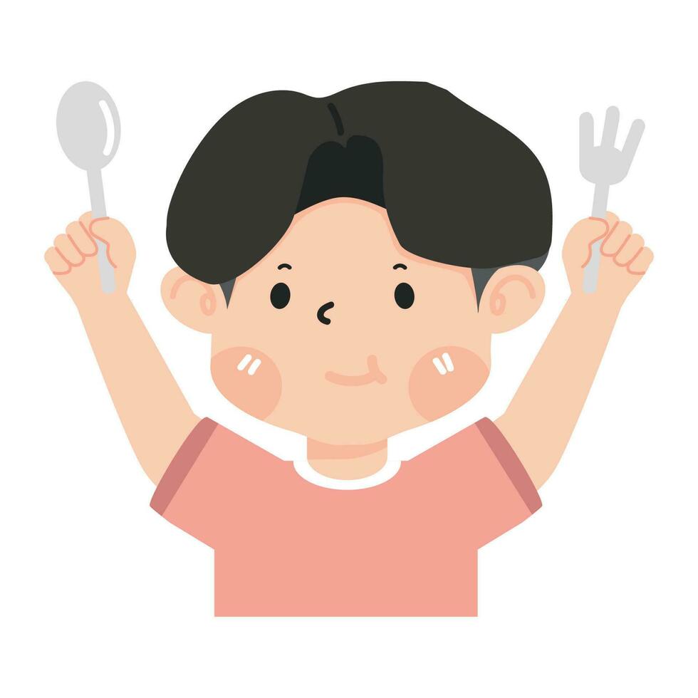 Hungry kid holding fork and spoon vector