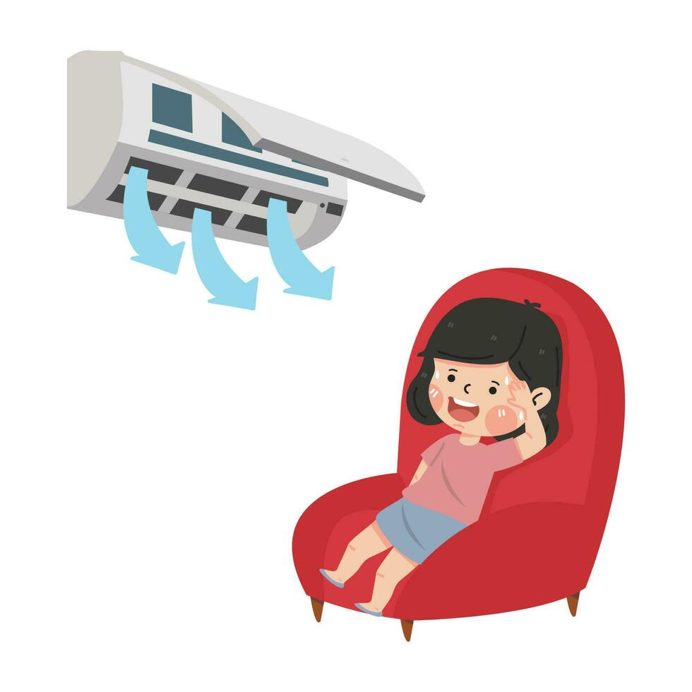 Tired little girl in hot weather with air conditioner vector