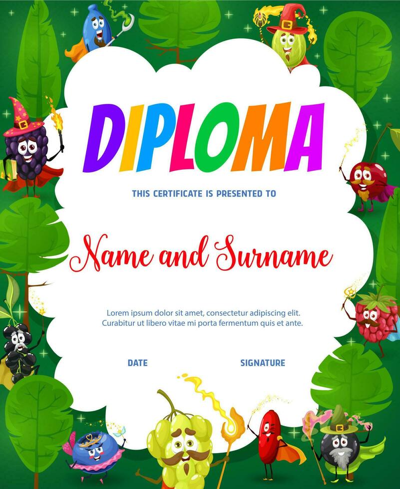 Kids diploma, cartoon berry wizards and magicians vector