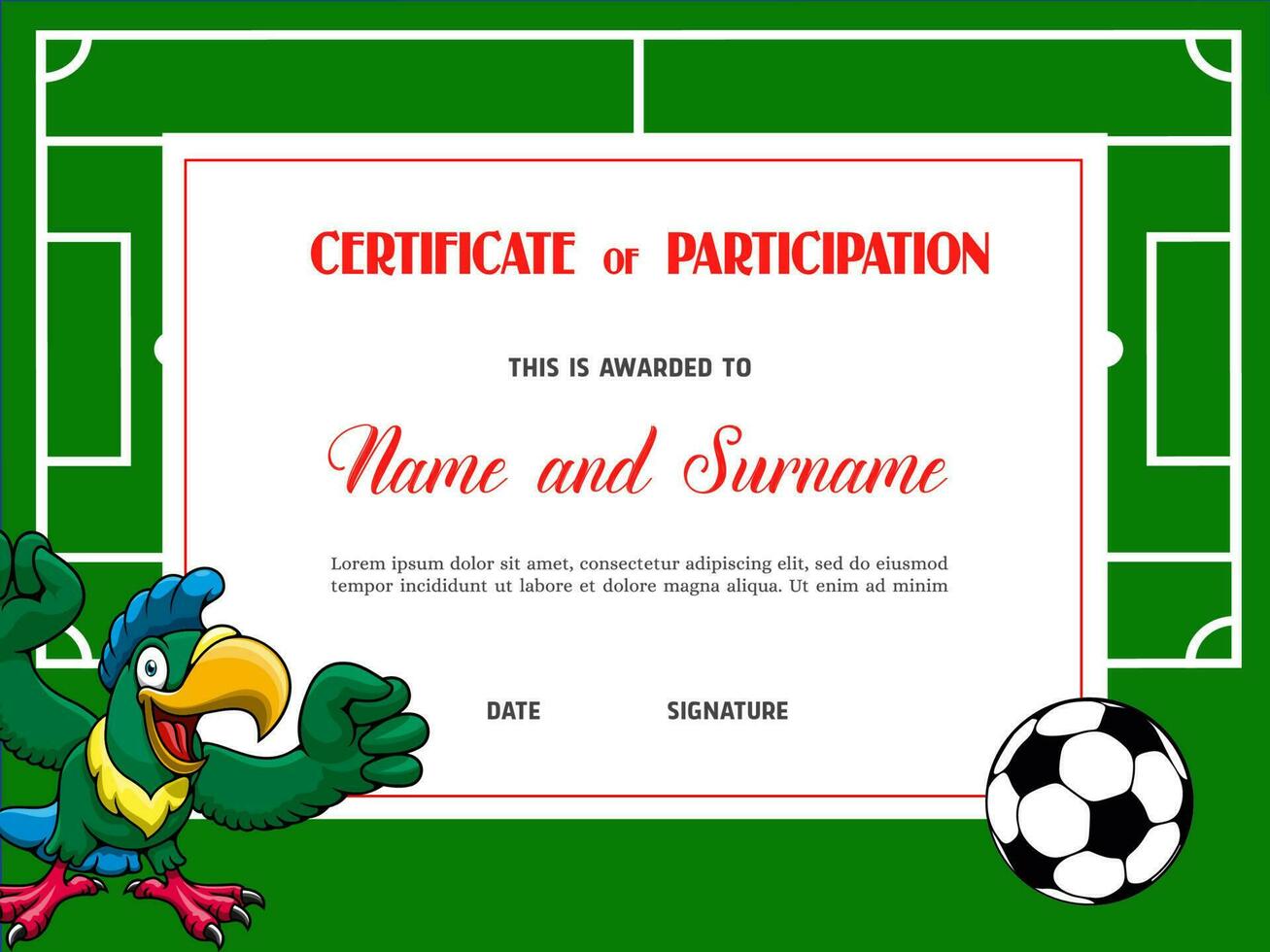 Certificate for soccer tournament participation vector