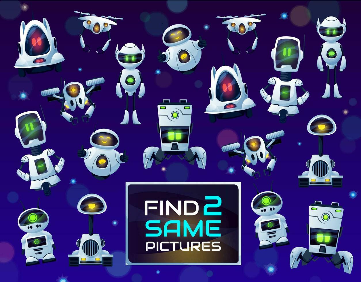 Find same robots or drones, kids game and puzzle vector