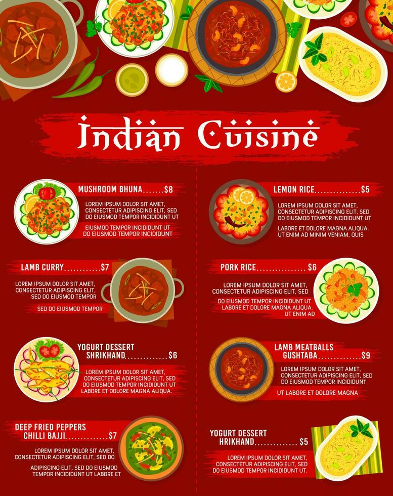 Indian cuisine meals menu vector template
