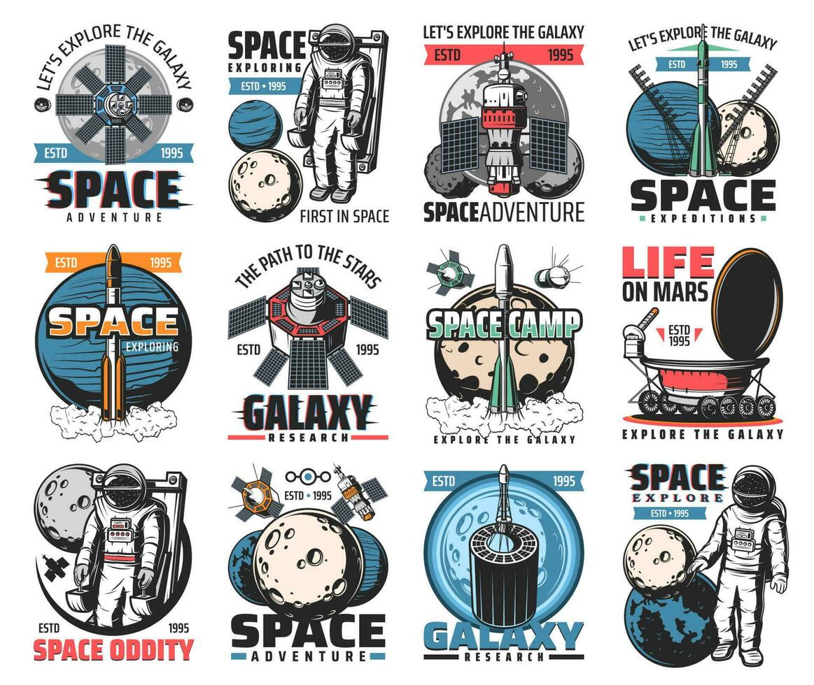 Space vector icons astronaut in galaxy, rocket