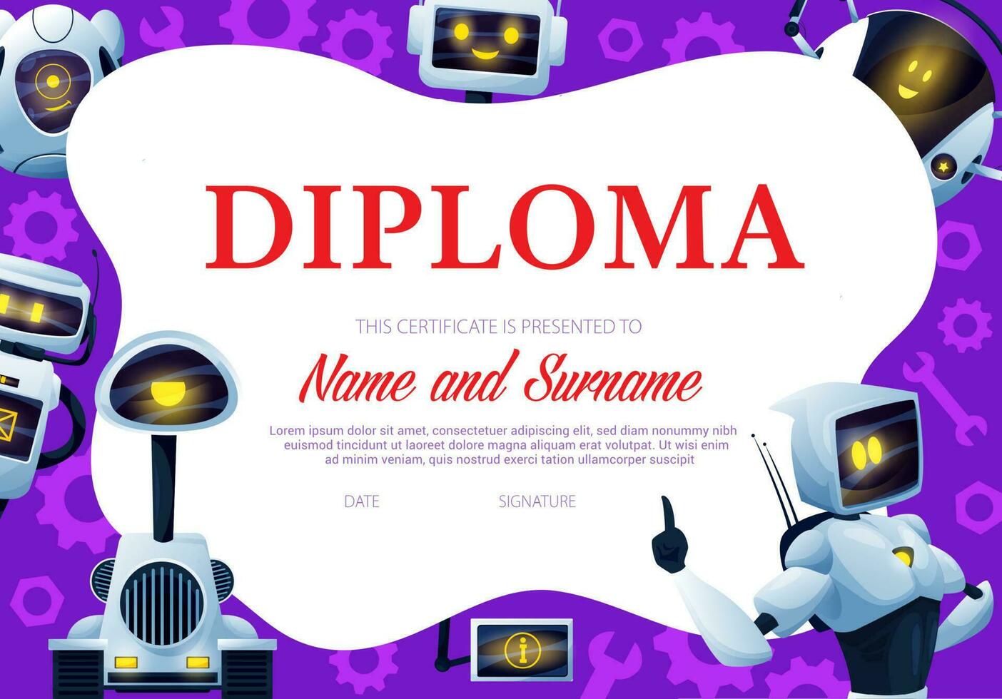 Kids diploma vector template with robots, droids