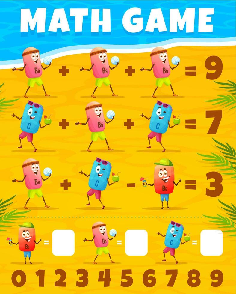 Cartoon vitamin characters on summer beach math vector