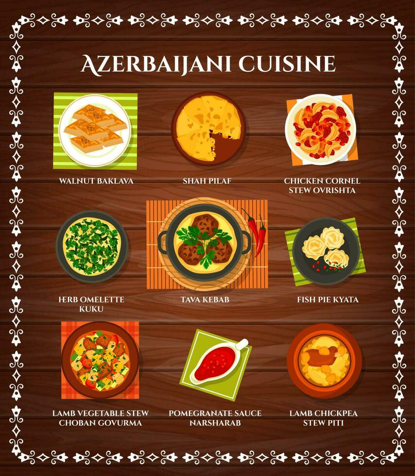 Azerbaijani cuisine vector cartoon menu of meals