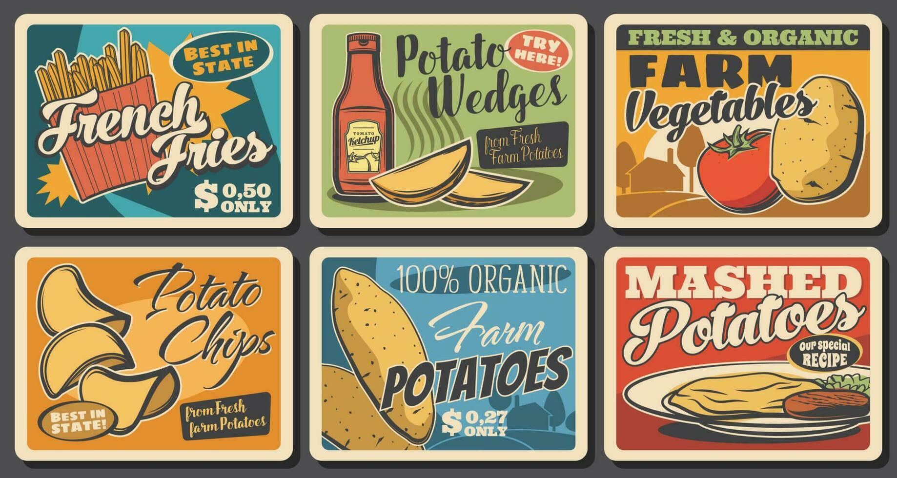 Fast food potato meals, vegetables farm banners vector