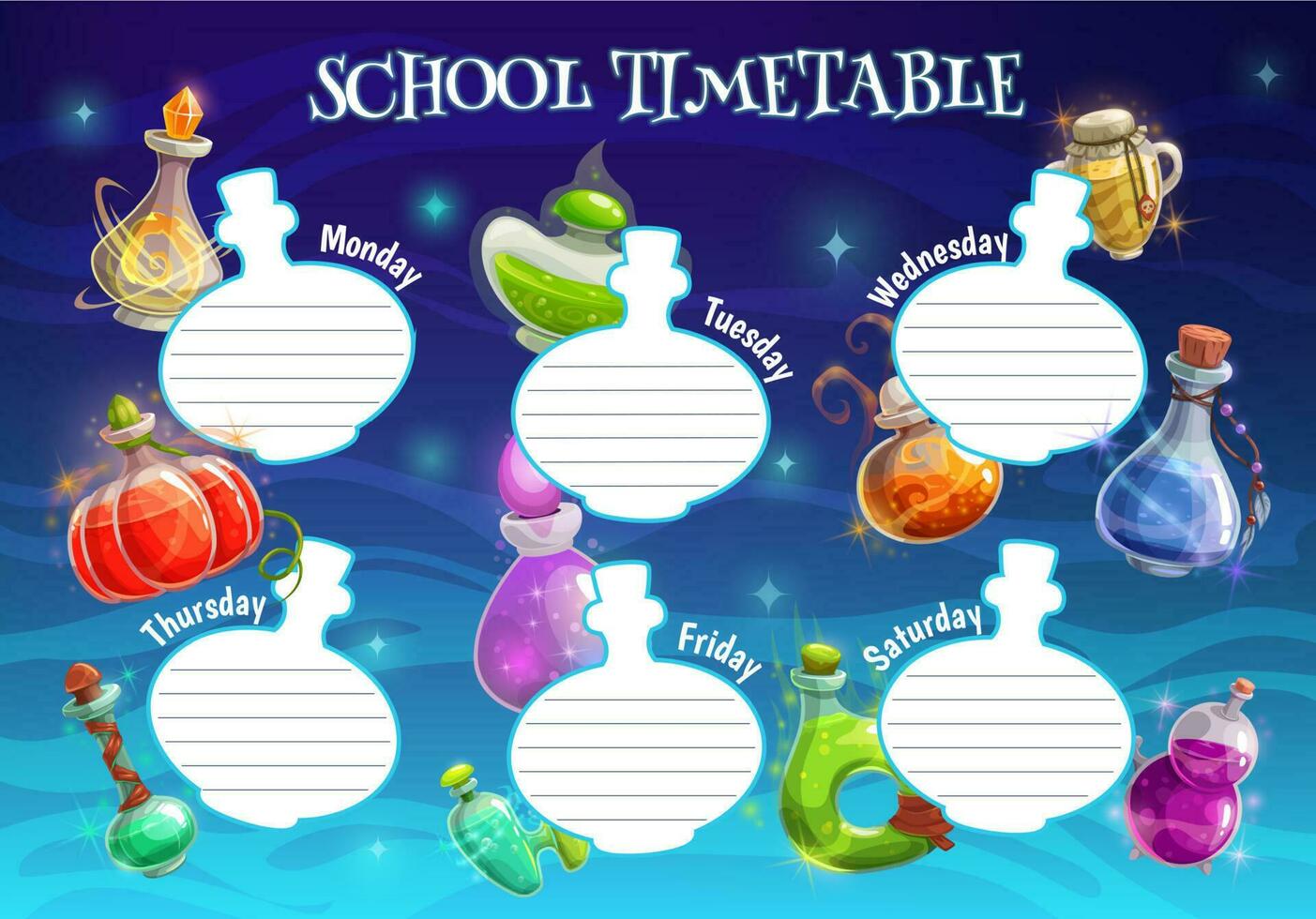 School timetable, schedule template, witch potion vector