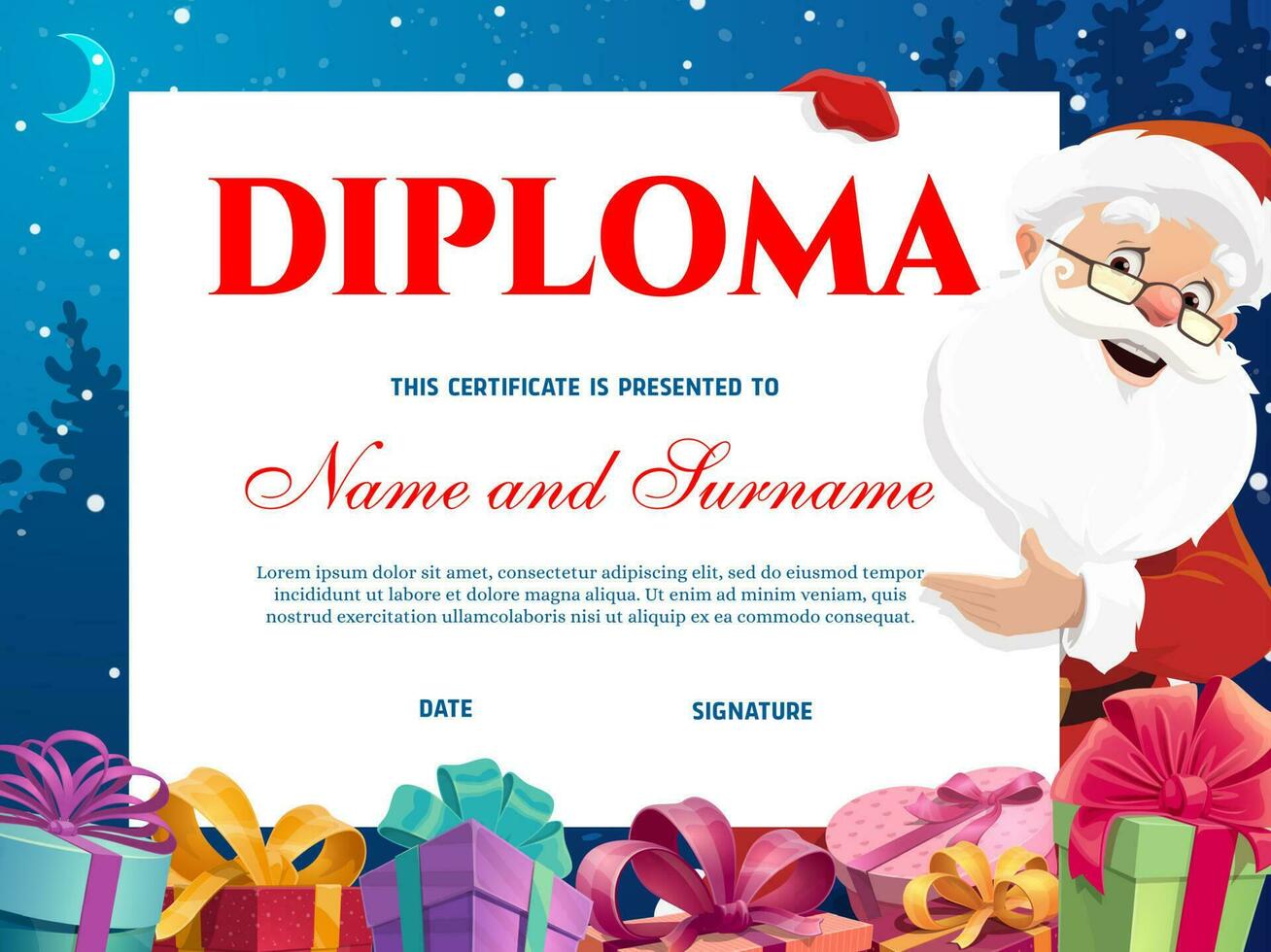 Kindergarten christmas diploma, kids certificate vector