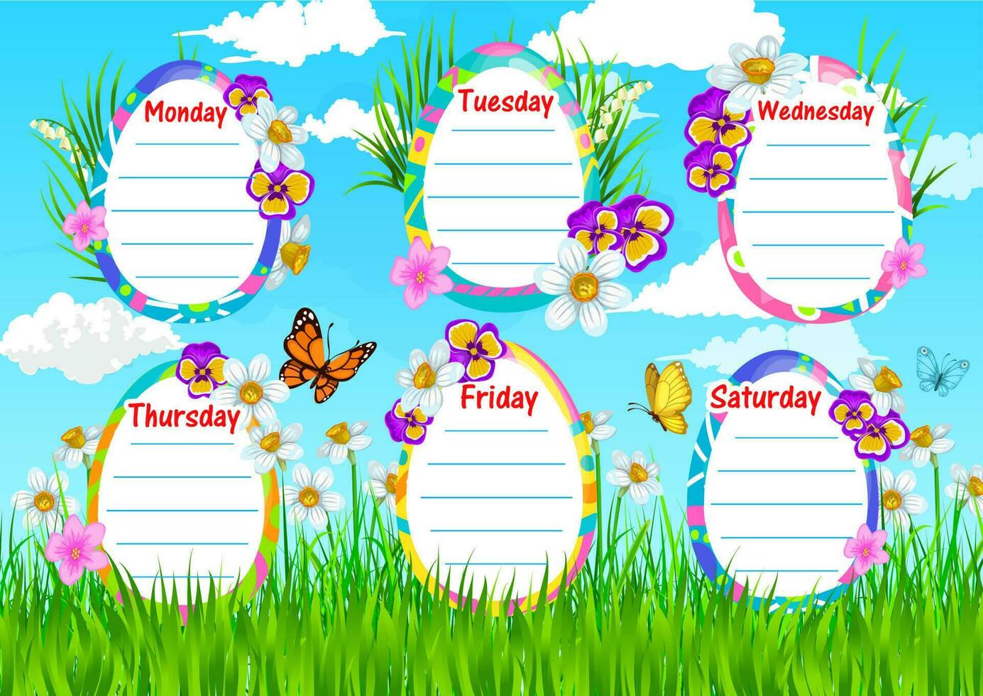 School timetable vector template spring flowers