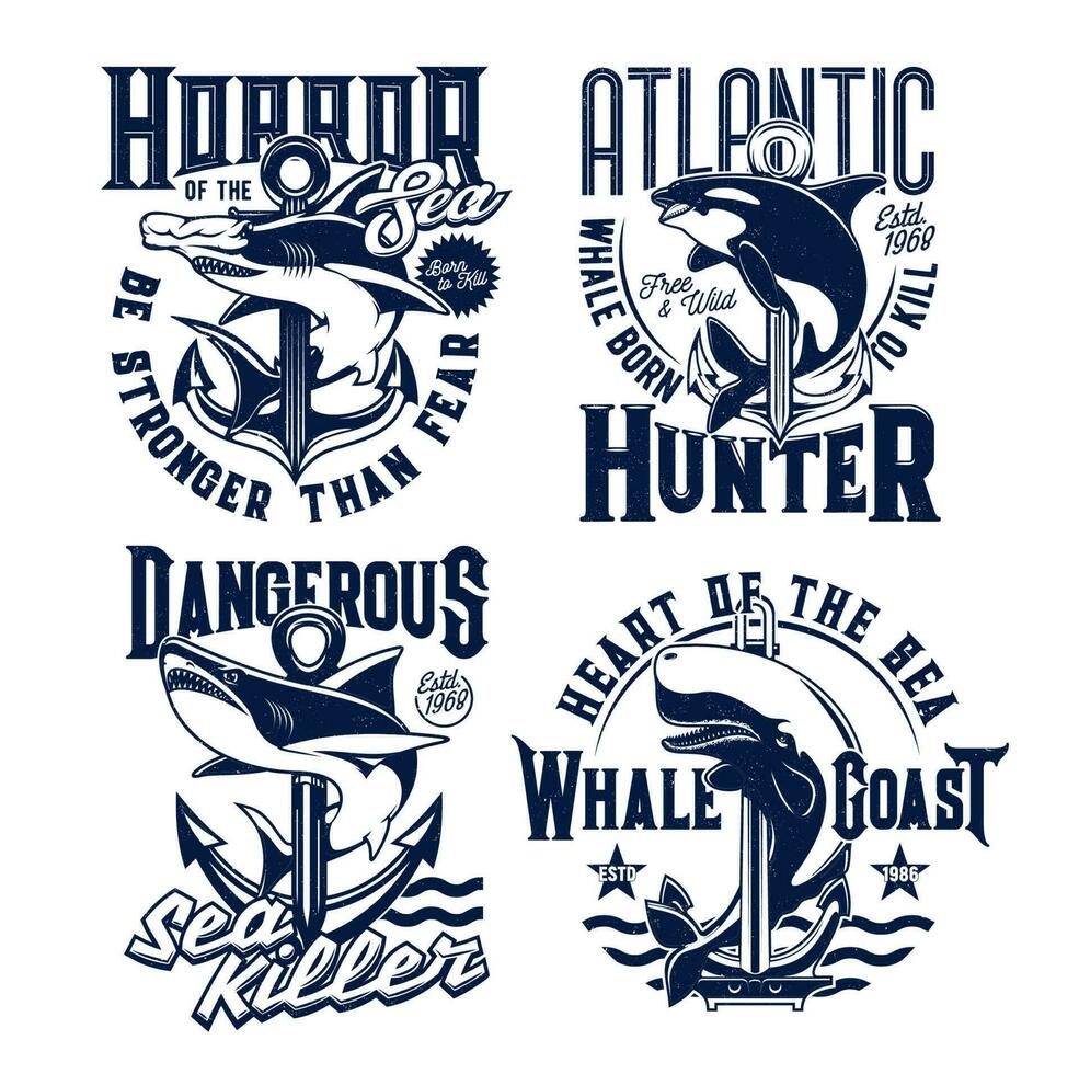 Tshirt prints with ocean killer whale and shark vector