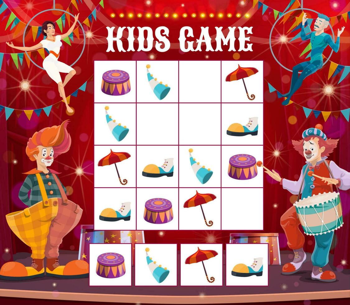 Kids maze game with circus clowns. Sudoku riddle vector