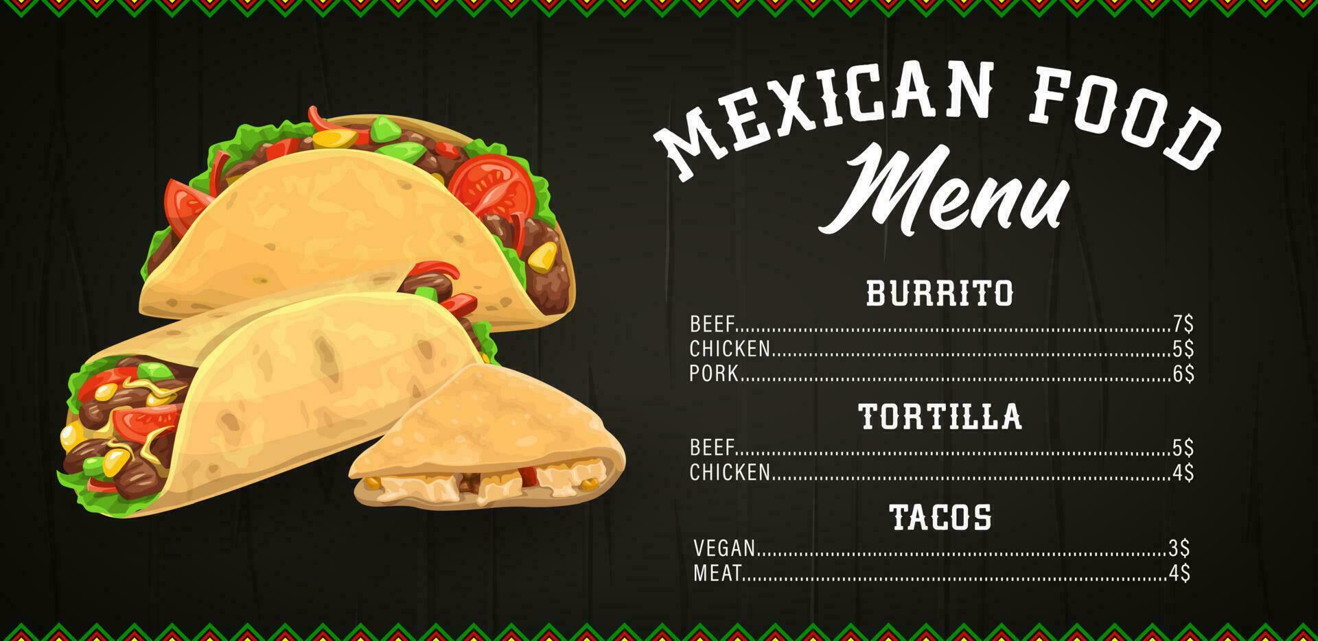 Mexican food menu vector template, takeaway meals