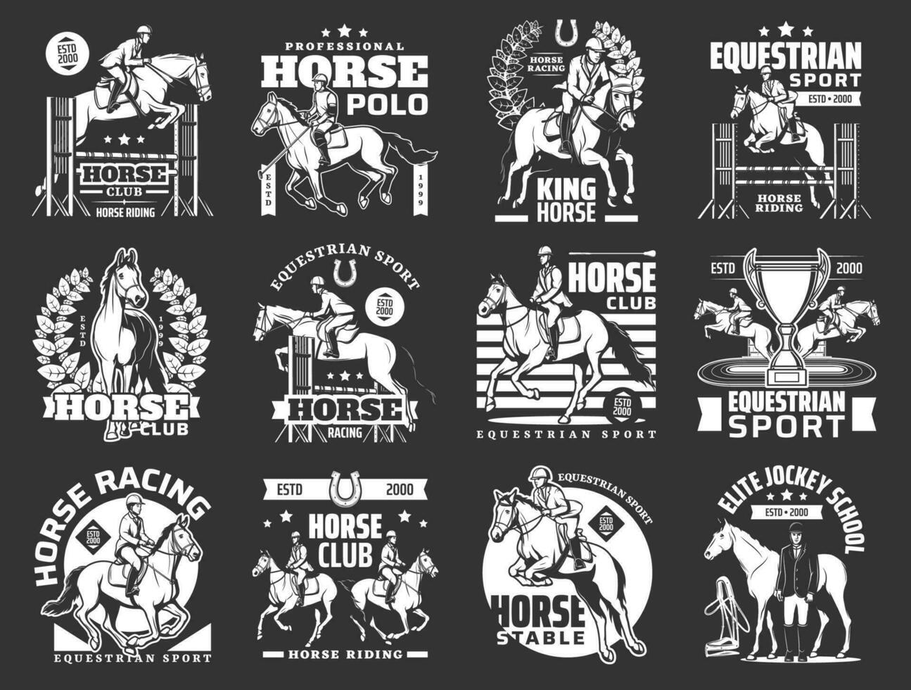 Equestrian sport icons, horse riding, polo, jockey vector