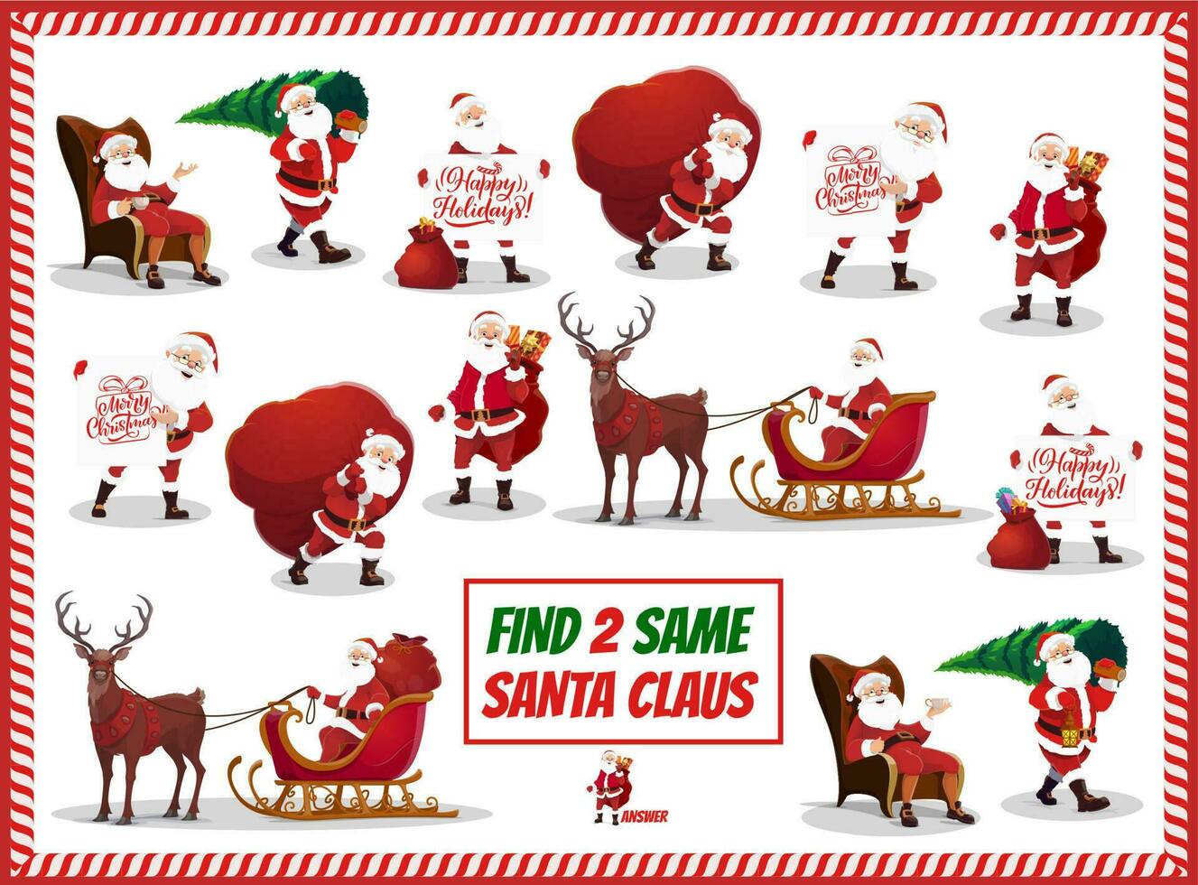 Christmas game, kids matching activity with Santa vector