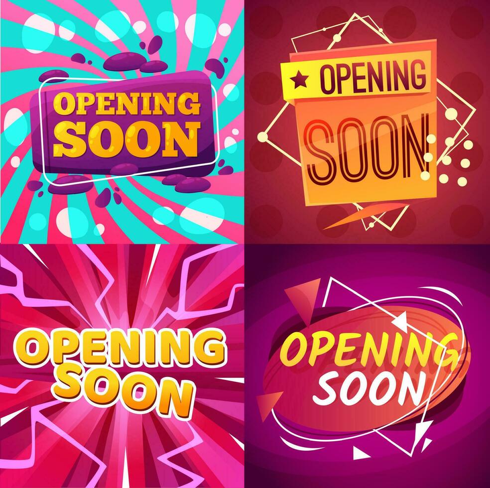 Opening soon cartoon banners, vector promotion