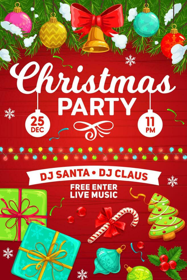 Christmas party poster, holiday celebration gifts vector