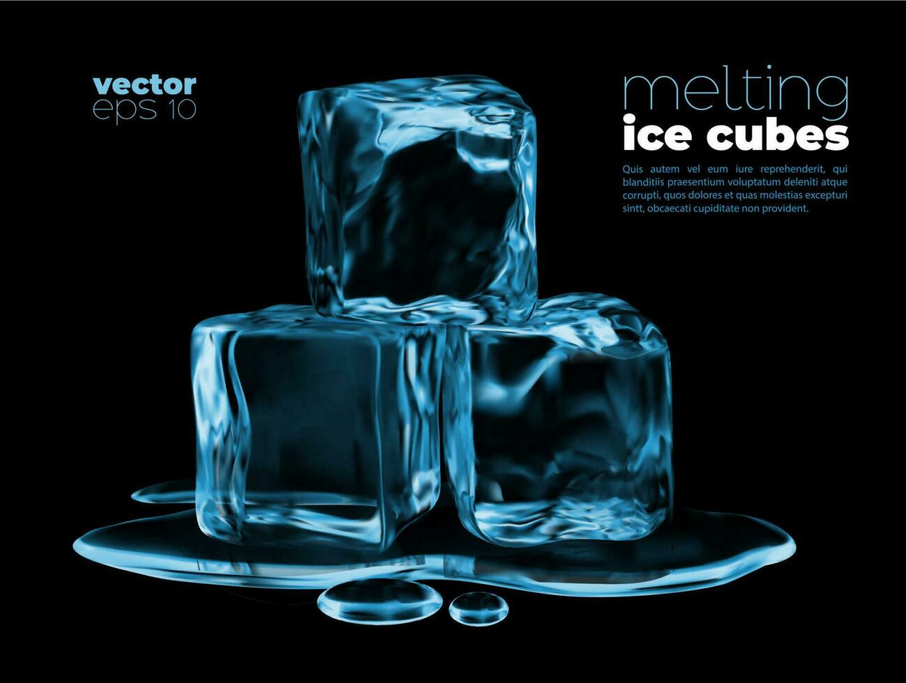 Melting ice cubes, blue water puddle, frozen drink vector