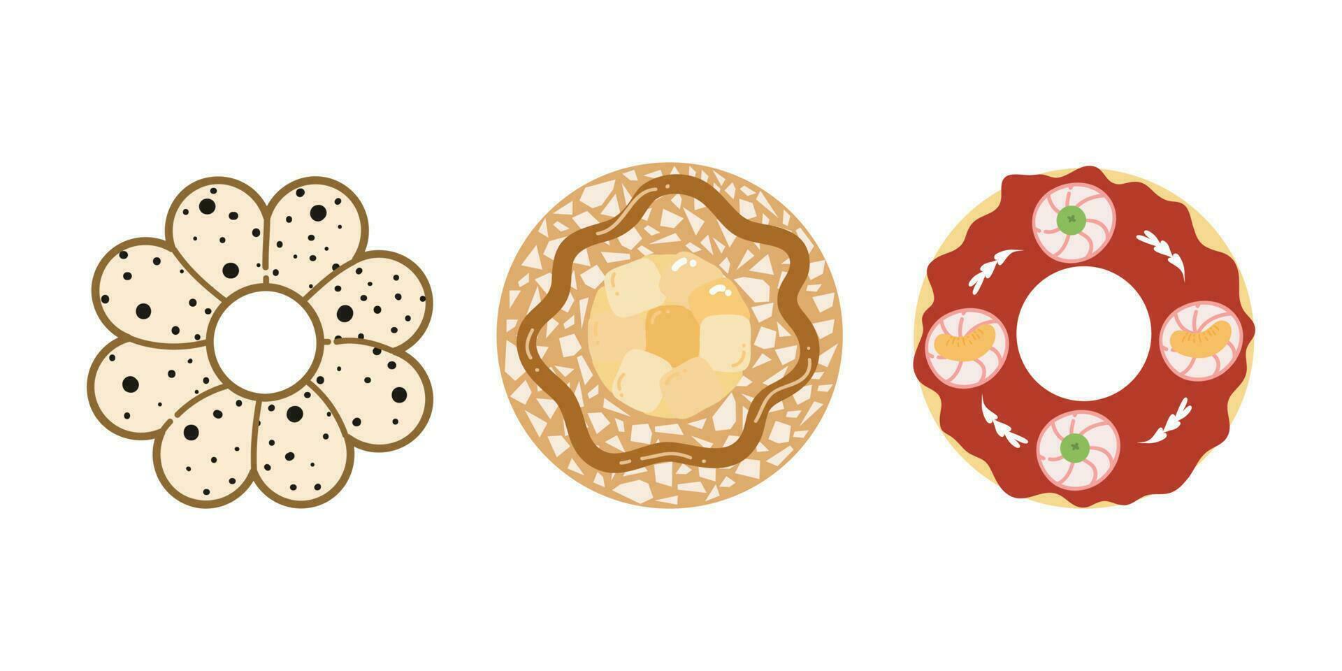 Donut vector Illustration. Sweet sugar icing donuts. Top view of doughnuts. Confectionery dessert. Chocolate confectionery isolated on white background. Flat design.
