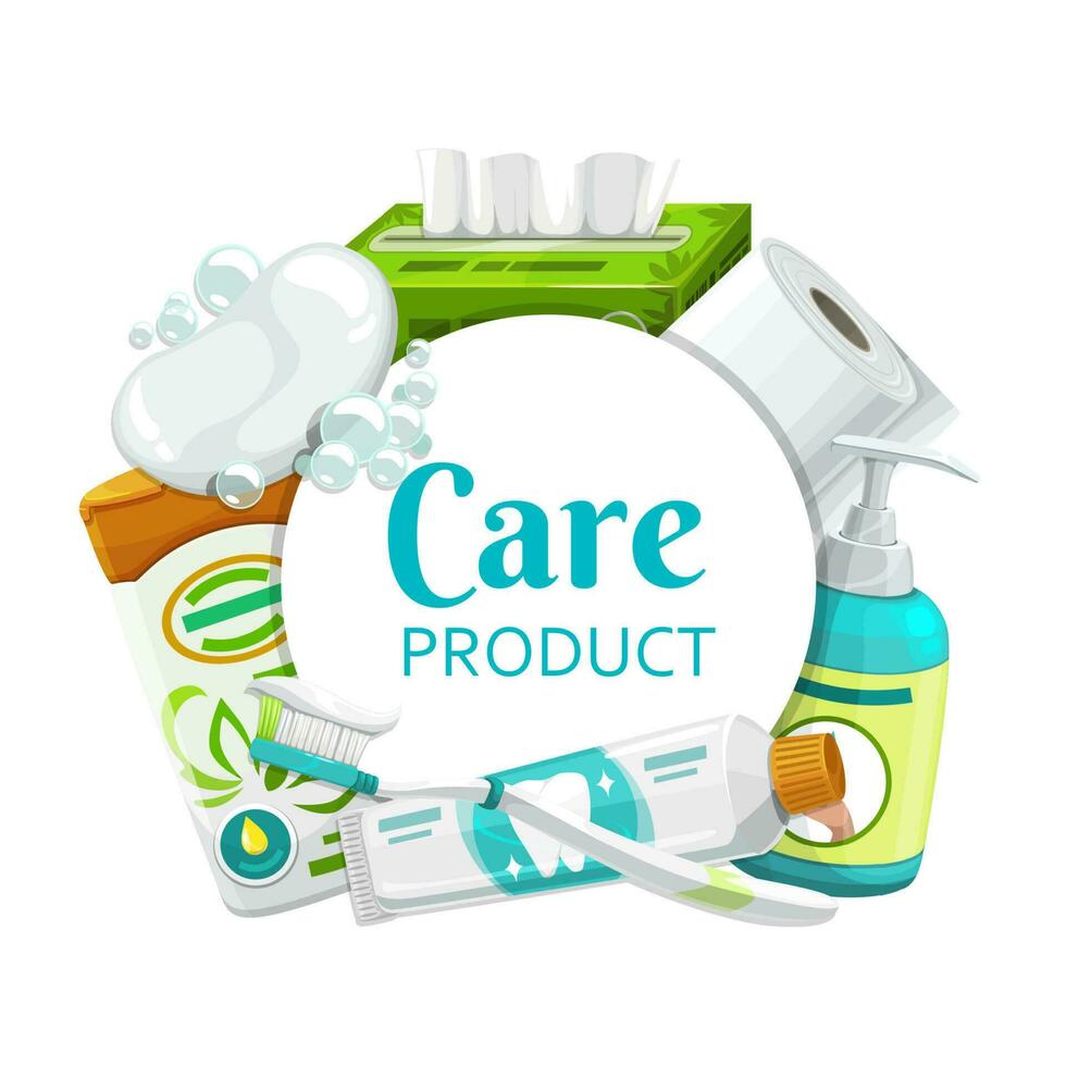 Hygiene, health care products round vector frame