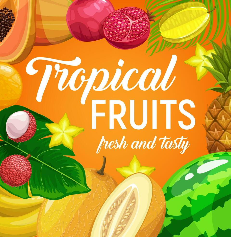 Tropical fruits with palm leaves vector poster