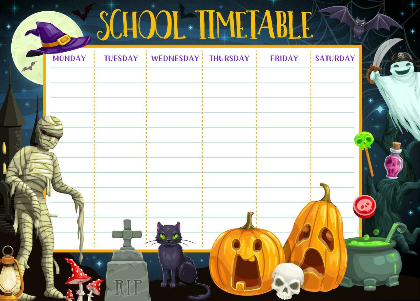 School timetable template with Halloween monsters vector