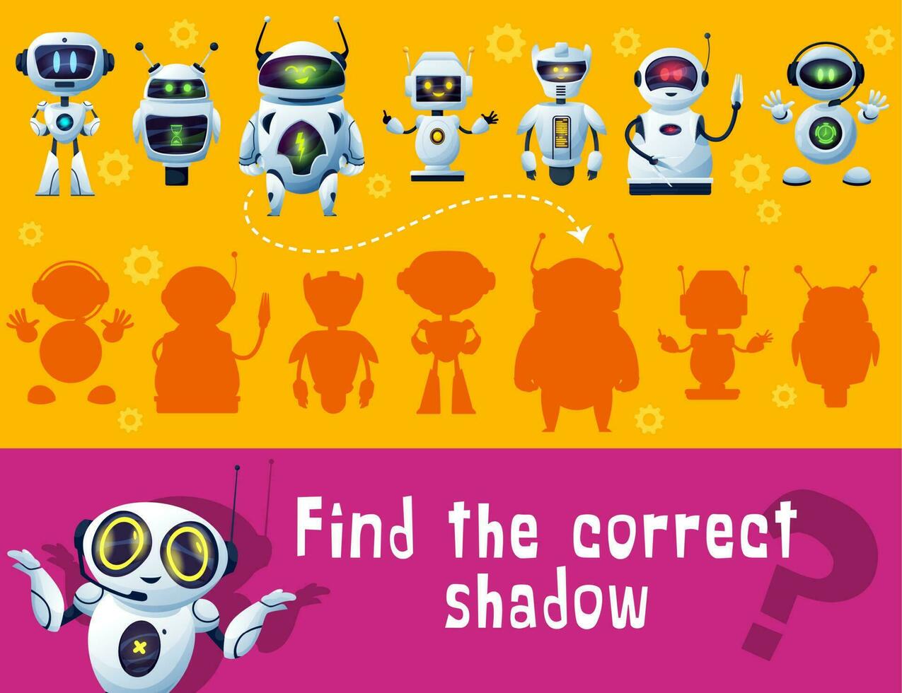 Kids game, find and match robot shadow, puzzle vector